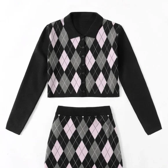 SHEIN Sweaters Argyle Knit Cardigan And Skirt Poshmark